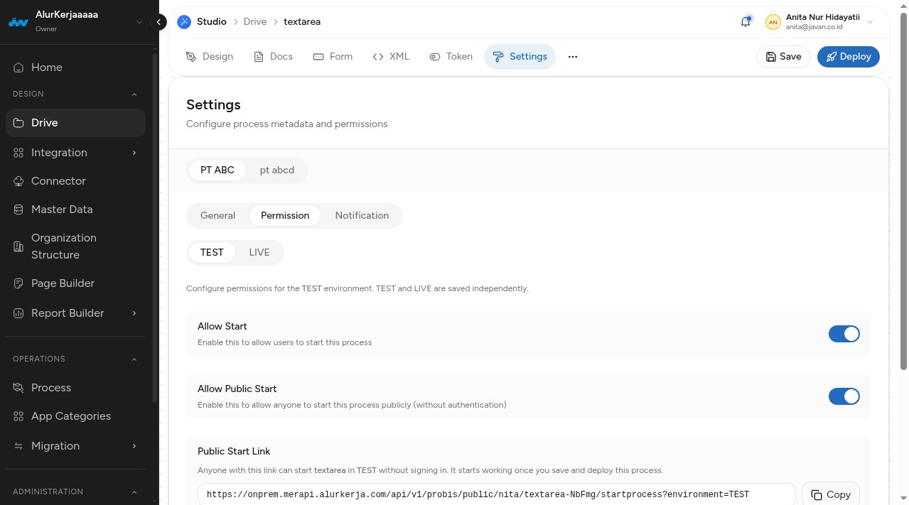 Settings → Permission dengan tab pool dan toggle