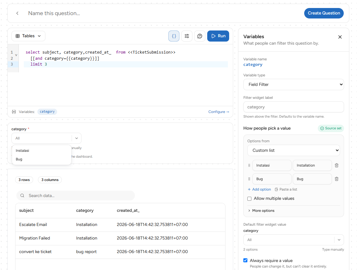 Sumber data Custom list dengan daftar opsi Label dan Value