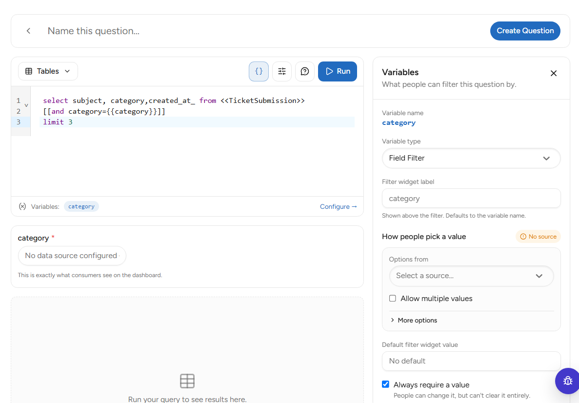 Panel Variables dengan tipe Field Filter