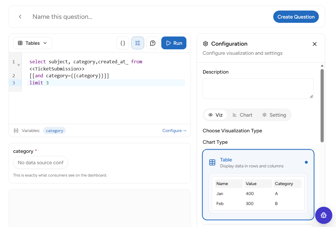 Panel Configuration untuk memilih visualisasi