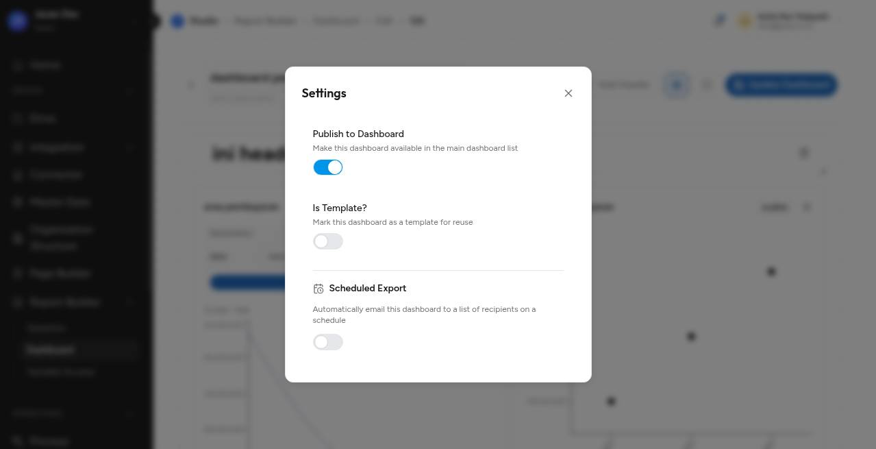 Dialog Settings dashboard dengan bagian Scheduled Export dalam keadaan mati
