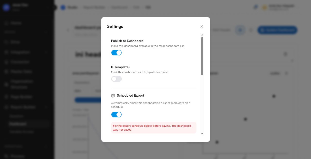 Dialog Settings terbuka kembali dengan peringatan merah bahwa dashboard tidak tersimpan