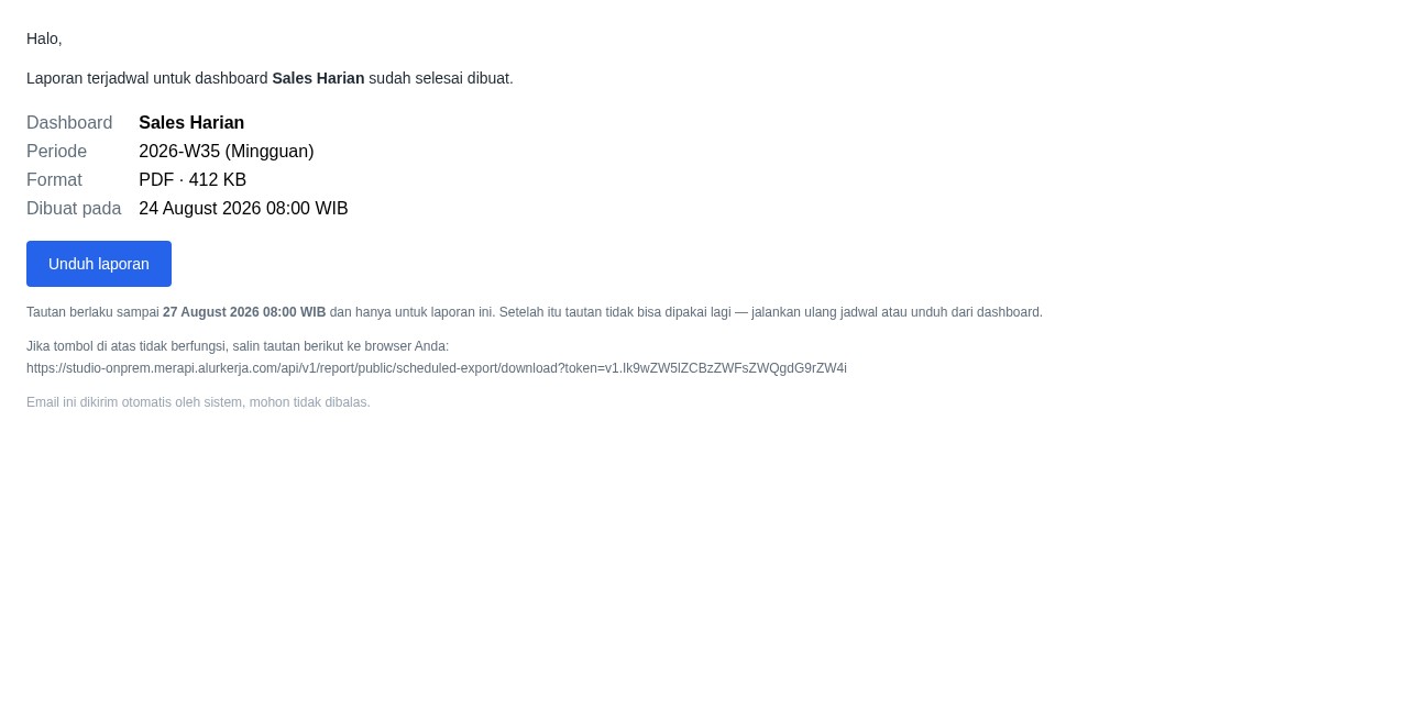 Contoh email laporan terjadwal yang diterima penerima, dengan tombol Unduh laporan dan tautan teks