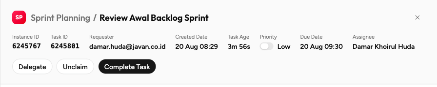 Ringkasan detail task: Created Date 20 Aug 08:29, Task Age 3m 56s, dan Due Date 20 Aug 09:30 hasil perhitungan SLA