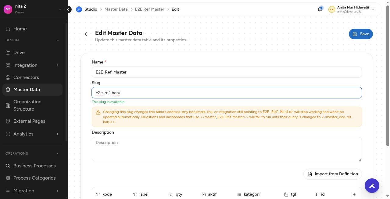 Edit Master Data dengan banner peringatan ganti slug dari master_E2E-Ref-Master ke master_e2e-ref-baru