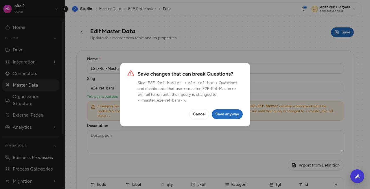 Dialog Save changes that can break Questions? dengan tombol Cancel dan Save anyway