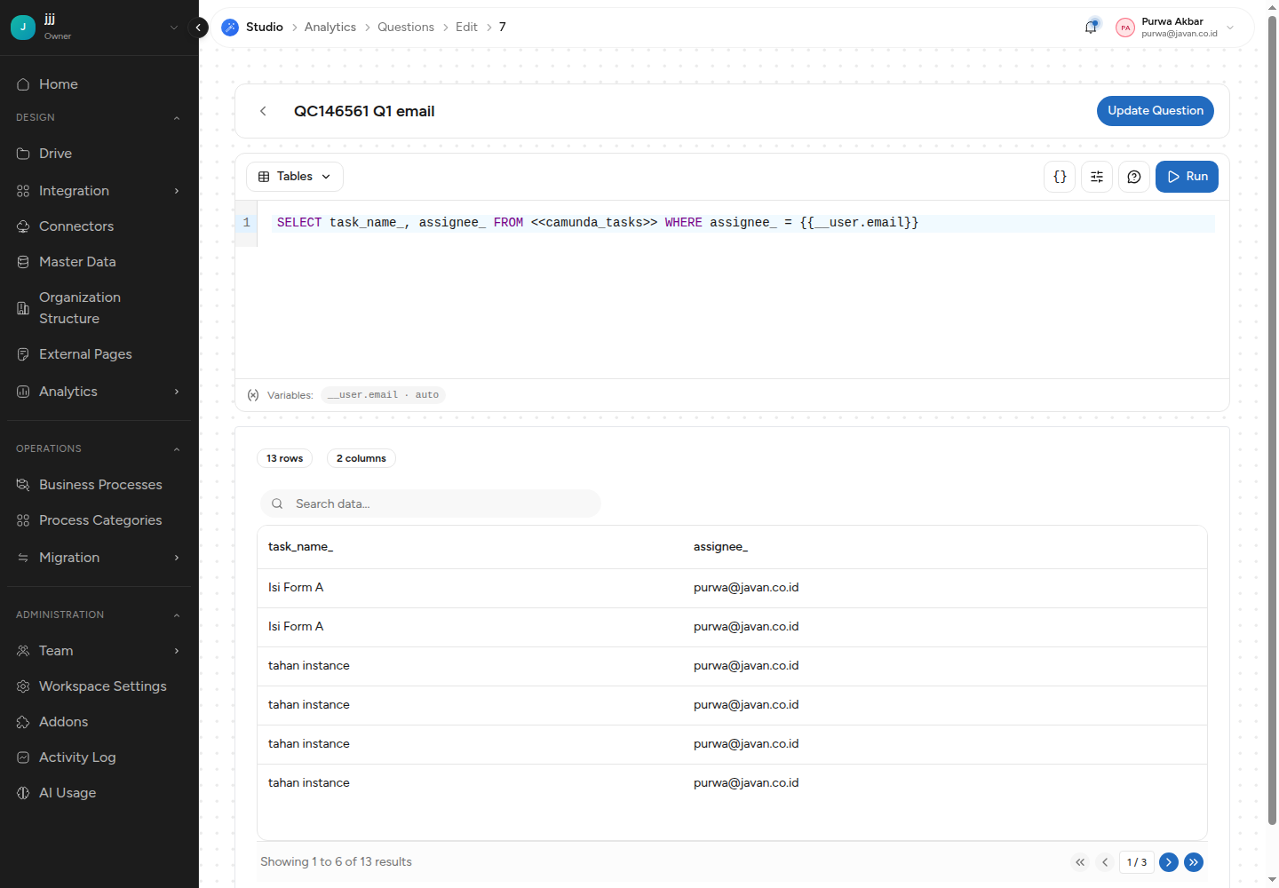 Editor question dengan query WHERE assignee_ = {{__user.email}}, chip Variables bertanda auto, dan hasil 13 baris milik user yang login