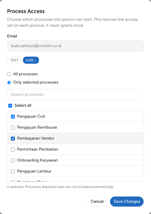 Modal Process Access di halaman My Team