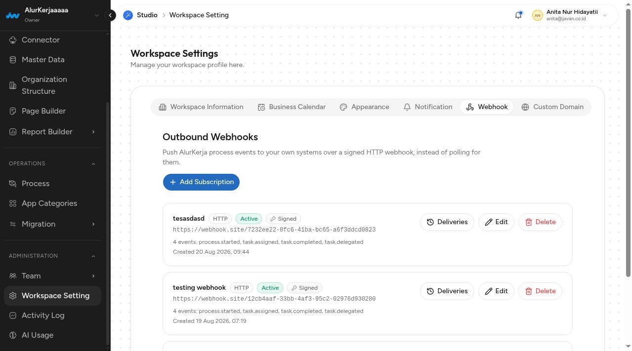 Tab Webhook pada Workspace Setting menampilkan daftar subscription