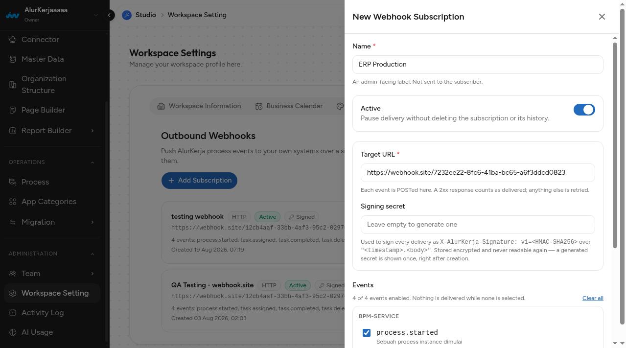 Form subscription terisi dengan URL dan seluruh event dipilih