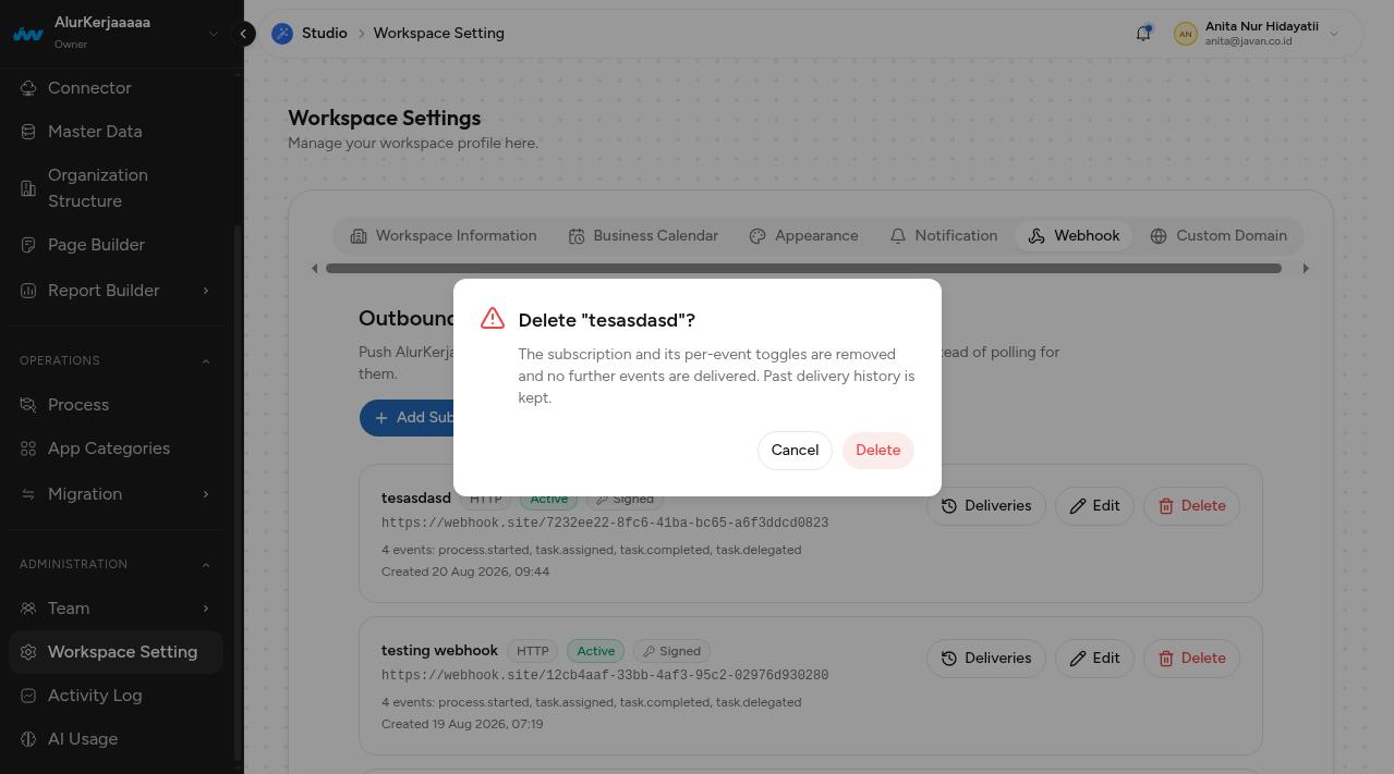 Dialog konfirmasi hapus subscription