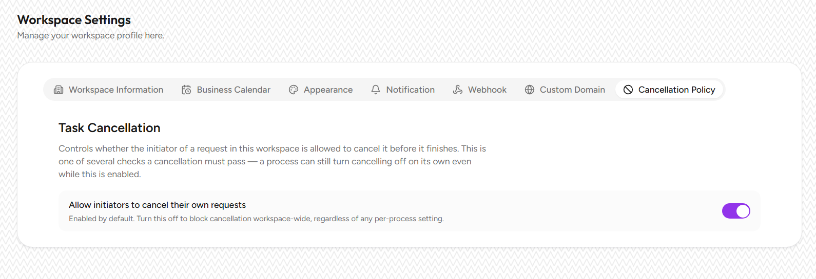 Tab Cancellation Policy pada Workspace Settings