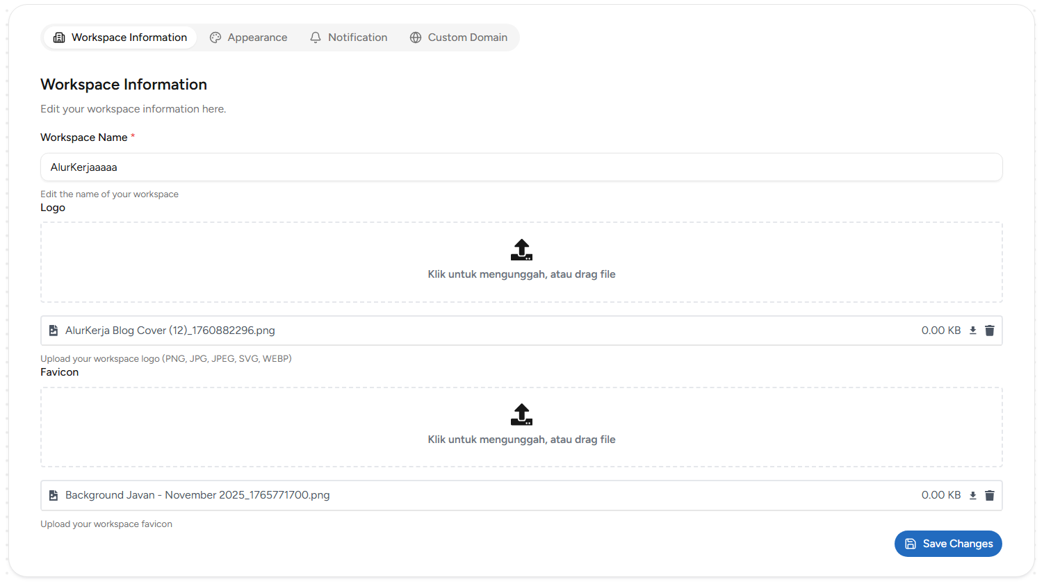 Tab Workspace Information